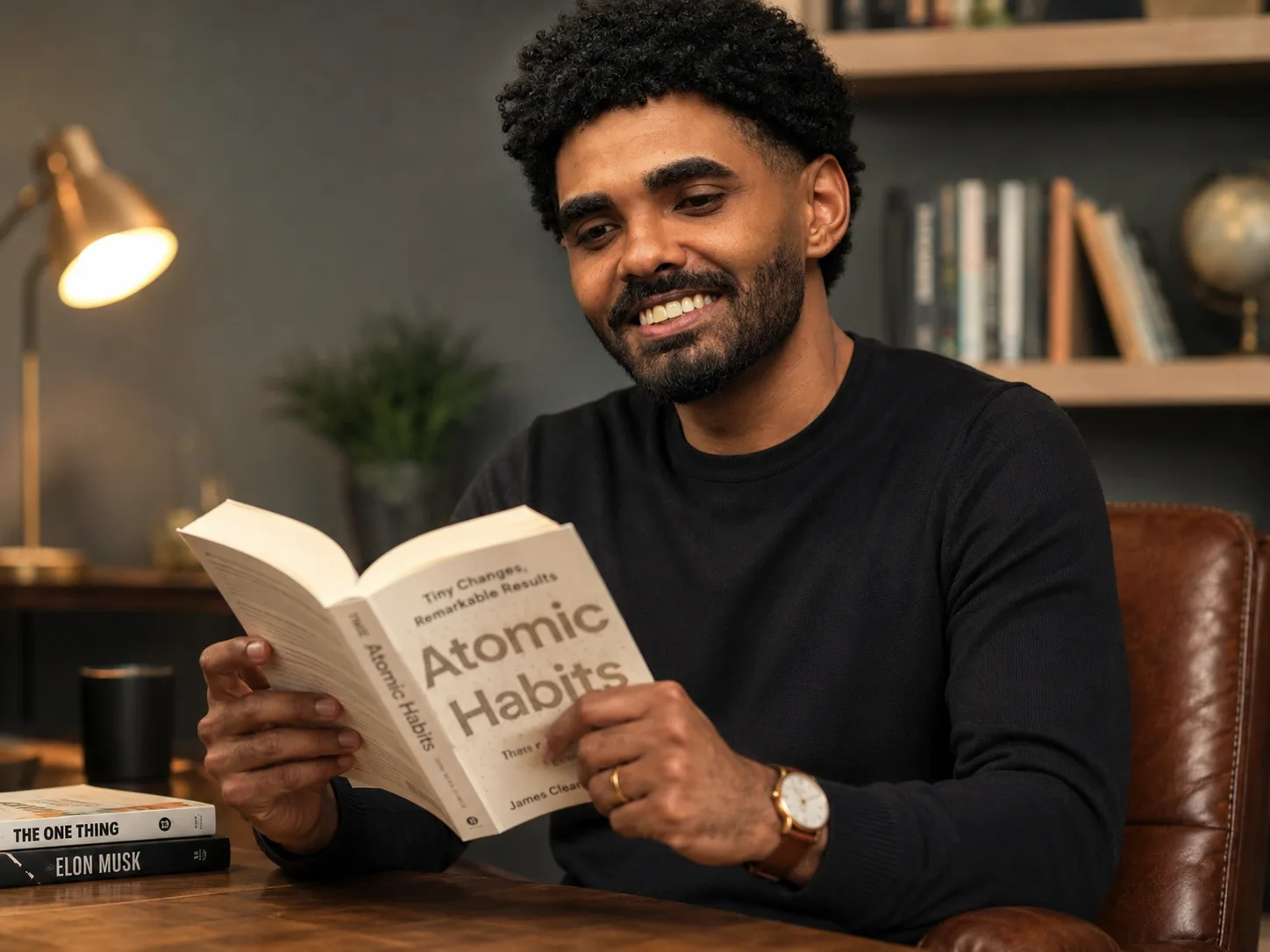 Marcus Caldas lendo em um ambiente de estudo